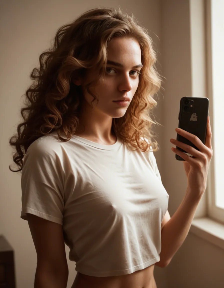 Skin light brown,hair light brown,medium tits, skinny naked_shirt, curly_hair, score_9, score_8, amateur photo, phone snapshot, realistic skin texture, skin blemishes, soft indoor lighting