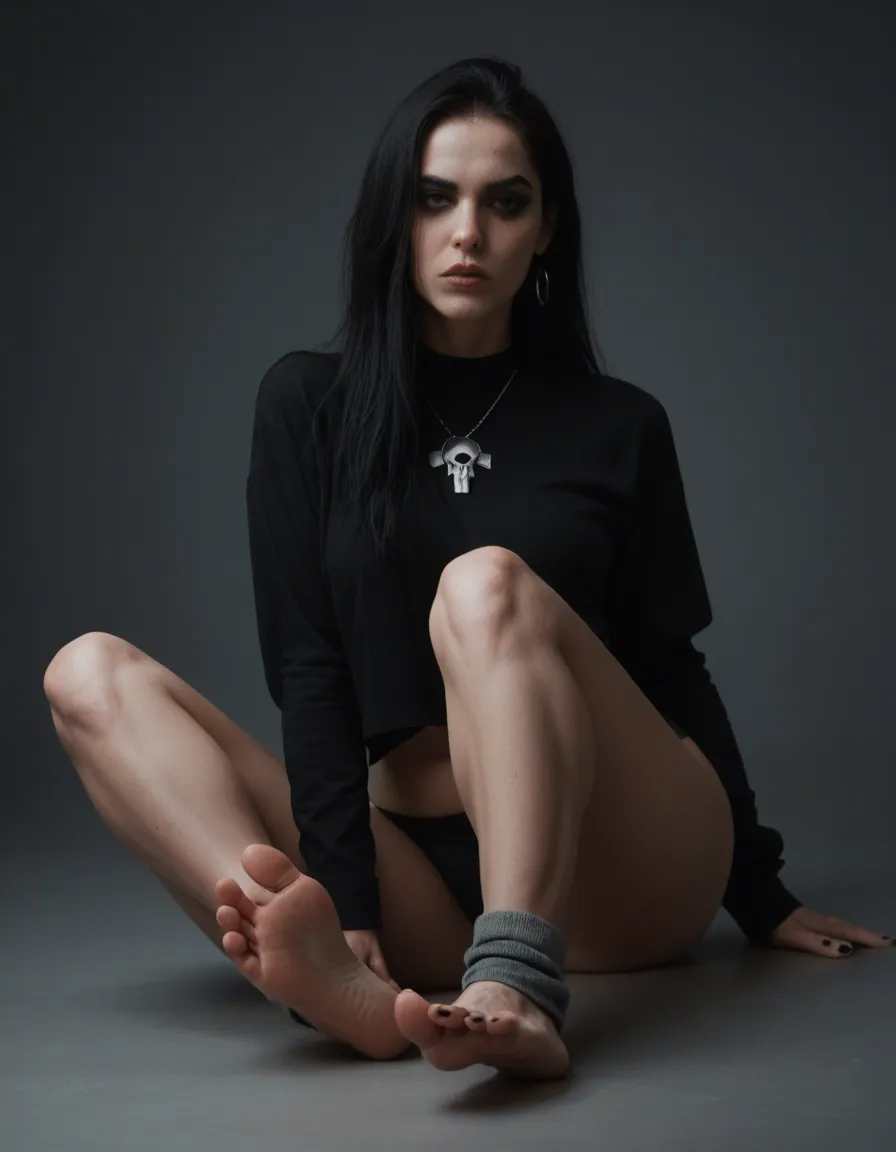 ultra HD, lifelike, goth, soles, leg_warmers,, score_9, score_8, candid photo, realistic skin texture, visible skin pores, film grain, depth of field