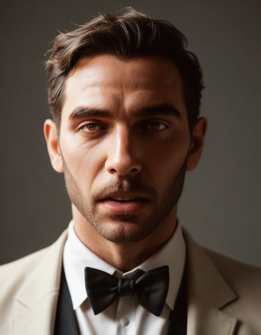 8k, sharp focus, detailed skin, male focus, bowtie, ahegao, soft lighting, lifelike render, score_9, score_8, candid photo, realistic skin texture, visible skin pores, film grain, depth of field
