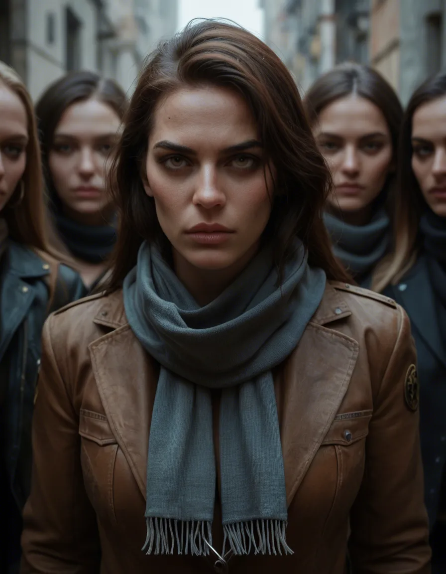 sharp focus, 8k uhd, three-quarter view, 6+girls, bondage, scarf, dominant stare, lifelike render, score_9, score_8, candid photo, realistic skin texture, visible skin pores, film grain, depth of field