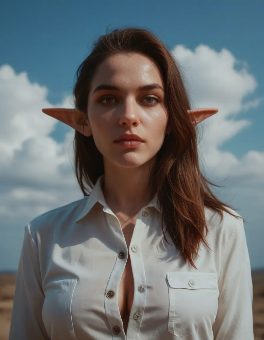 RAW photo, ultra realistic, elf woman, presenting, buttons, blue sky, wild energy, cinematic realism, score_9, score_8, candid photo, realistic skin texture, visible skin pores, film grain, depth of field