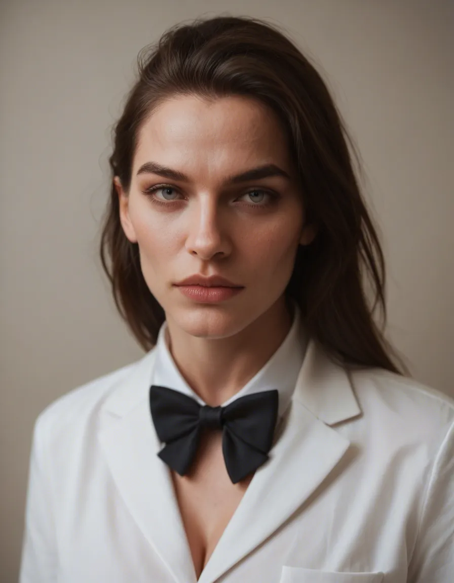 futanari, best quality, hyperrealistic, 1boy, bowtie, futanari, volumetric light, photorealistic, score_9, score_8, candid photo, realistic skin texture, visible skin pores, film grain, depth of field