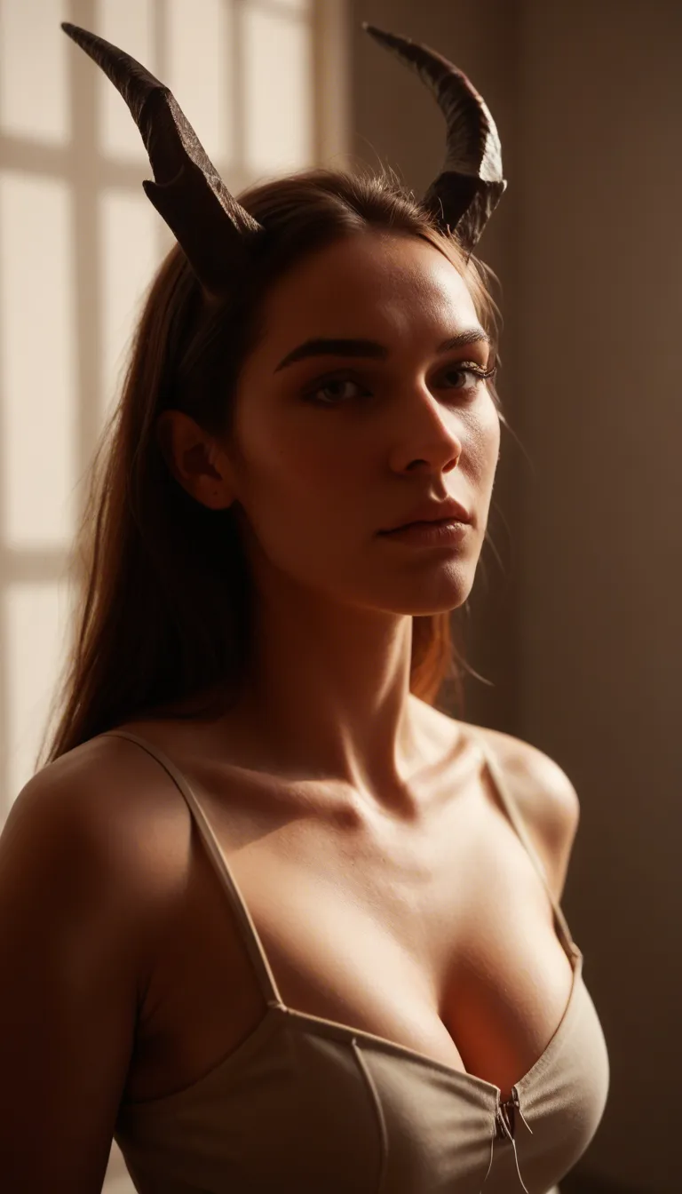sharp focus, 8k uhd, solo, collarbone, horns, slow turn, paizuri, depth of field, three-quarter view, spotlight, RAW photo