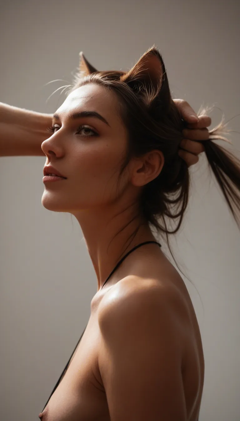 RAW photo, ultra realistic, low angle, catgirl, hair pull, petite adult woman, lifelike render
