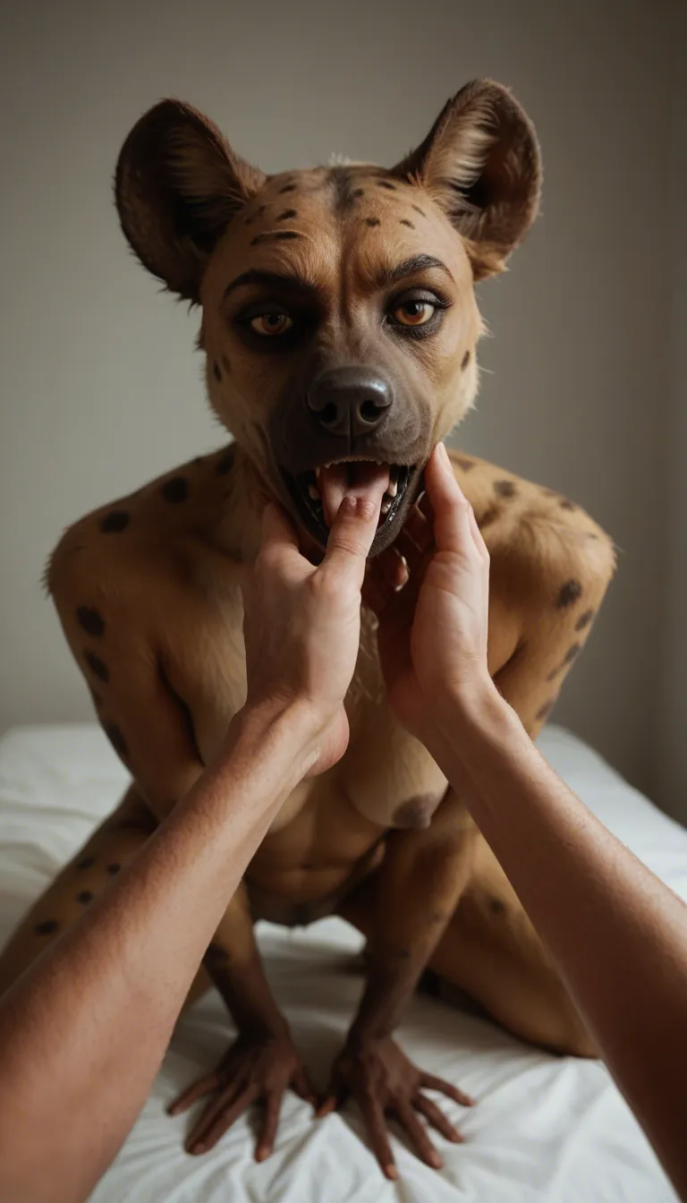 Hyena furry woman putting the feet of a skinny guy in her mouth and suck on it.,
