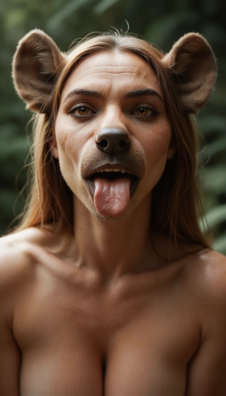 Hyena furry woman putting a skiiny guys entire bare feet in her mouth and sucks on it.