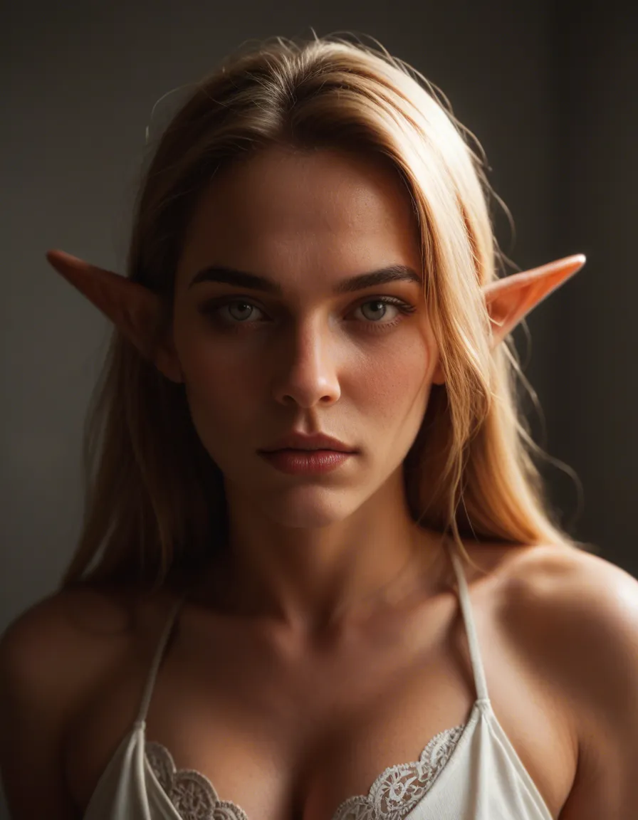 RAW photo, ultra realistic, elf girl, bow, presenting, spotlight, dslr quality, score_9, score_8, candid photo, realistic skin texture, visible skin pores, film grain, depth of field
