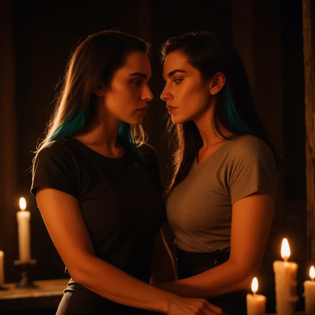 highly detailed, natural lighting, couple, multicolored hair, short sleeves, futanari, candlelight, cinematic realism