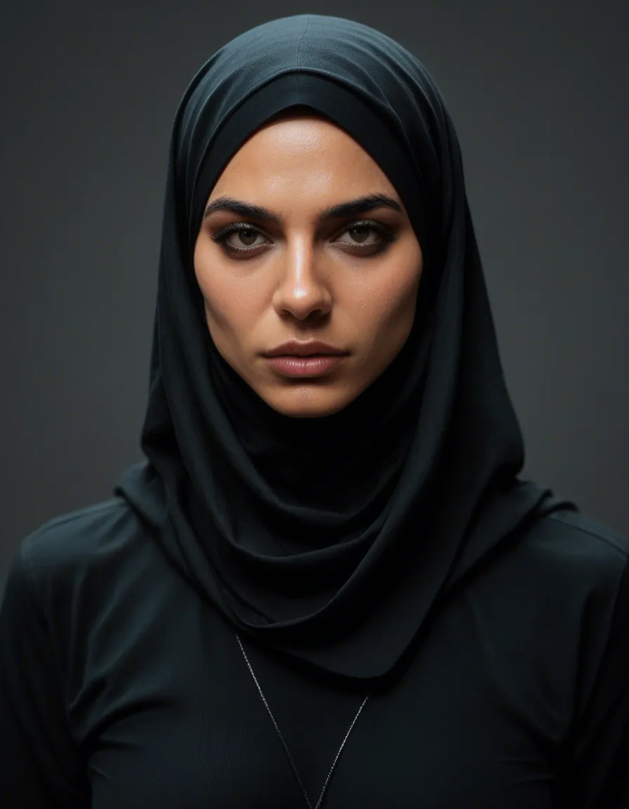 Hijab shemal muscular, score_9, score_8, candid photo, realistic skin texture, visible skin pores, film grain, depth of field