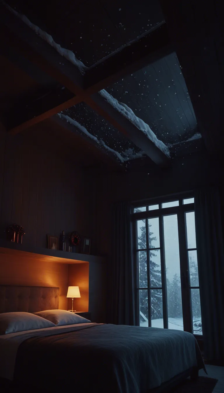 at a old austrian mountain motel room with christmas decoration at midnight, in front of a window at the motel bed, view from below, moonlight, heavy snowfall - we can see rain trough the window, the video starts in wa passion pose on the motel bed with 1woman, the woman is a blonde 30 years old female body builder, nude with and hooped earrings, she is very muscular, female bodybuilder physique, she have very small breasts, (muscular:1.4), very long blonde straight hair, she flexes her right biceps with a passion expression and the video ends with her right behind her head, hair moves slightly, foggy, volumetric cinematic lights trough the window with particles, ultra detailed, full body in frame, slightly camera movement