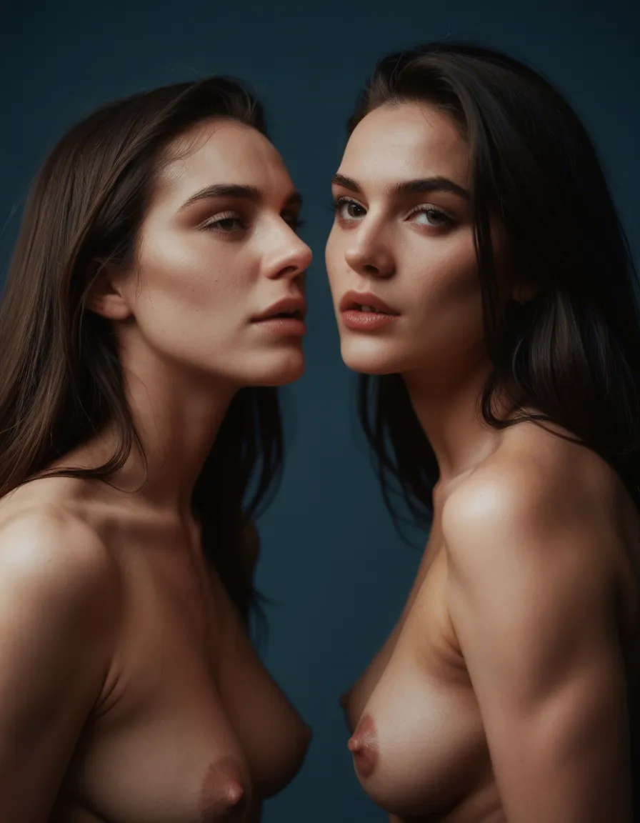 sharp focus, 8k uhd, 2girls, skindentation, official alternate costume, fully nude, blue background, moonlight, cinematic realism, score_9, score_8, candid photo, realistic skin texture, visible skin pores, film grain, depth of field