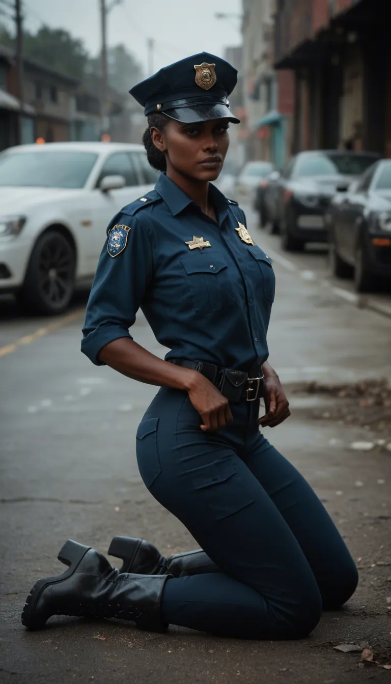 A dark-skinned Indian ((mature_female)), wearing a police uniform, light blue panties, dark uniform pants, and black work boots, kneeling outside a jail cell. She is giving an interracial deepthroat blowjob to a prisoner through the bars. (She is masturbating.) Her shirt is unbuttoned and her medium breasts have come out of her light blue bra. Dramatic lighting, ultra realistic, full body.