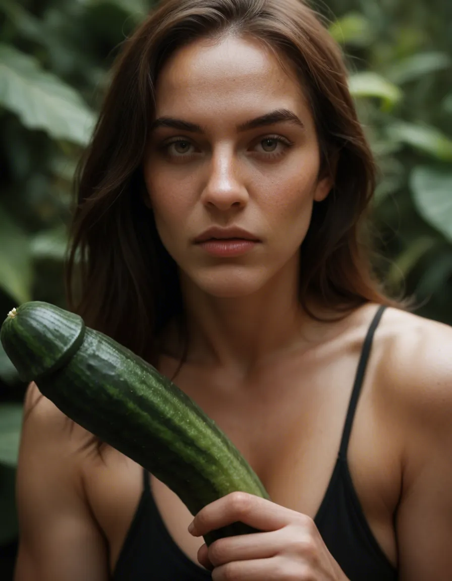 middle age woman pale brunette squeezing a cucumber, score_9, score_8, candid photo, realistic skin texture, visible skin pores, film grain, depth of field