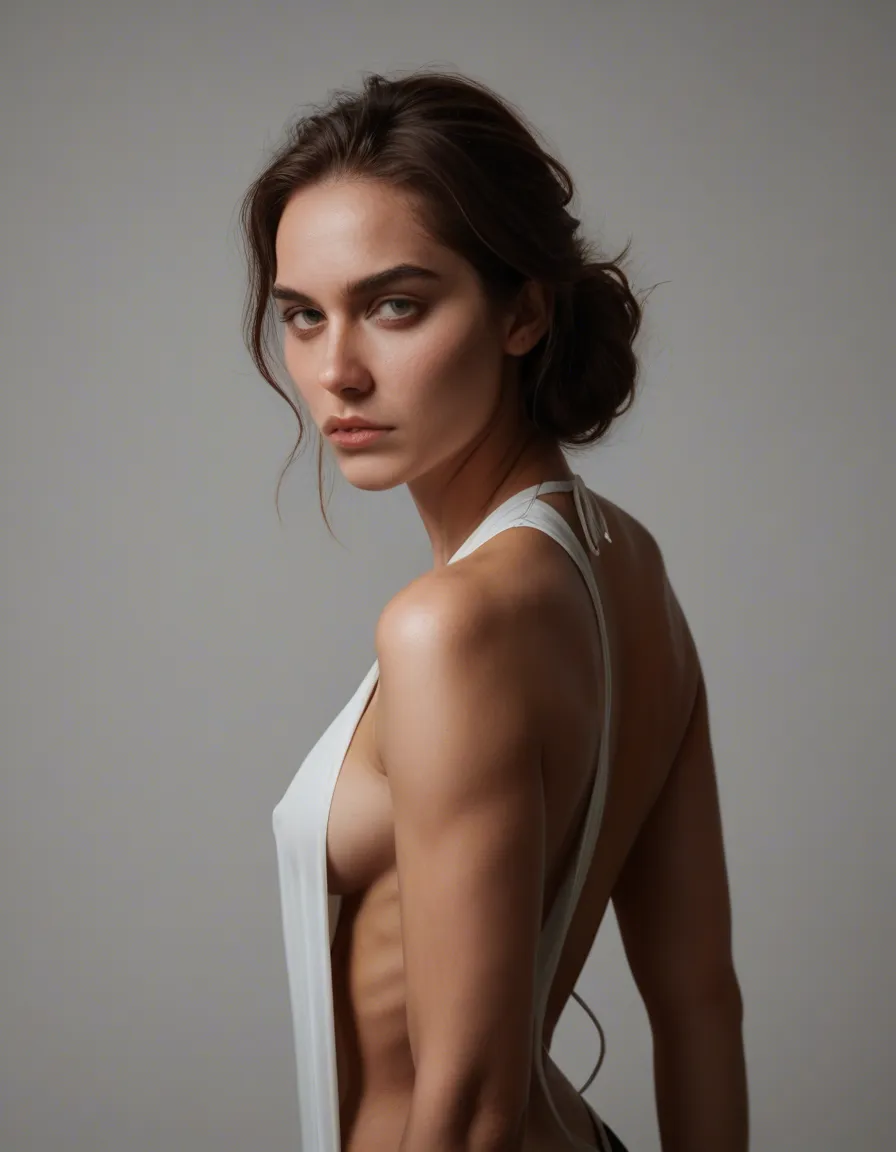 dslr, film grain, photorealistic, princess, presenting, sideboob, gradient background, dominant stare, studio photo, score_9, score_8, candid photo, realistic skin texture, visible skin pores, film grain, depth of field