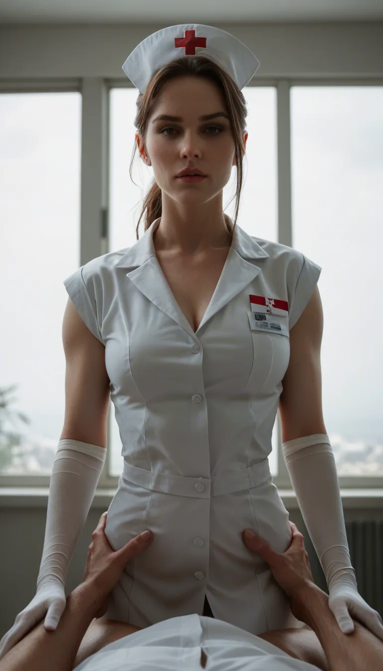 best quality, hyperrealistic, nurse, standing, elbow gloves, missionary, day, POV, window light, RAW video big boobs
