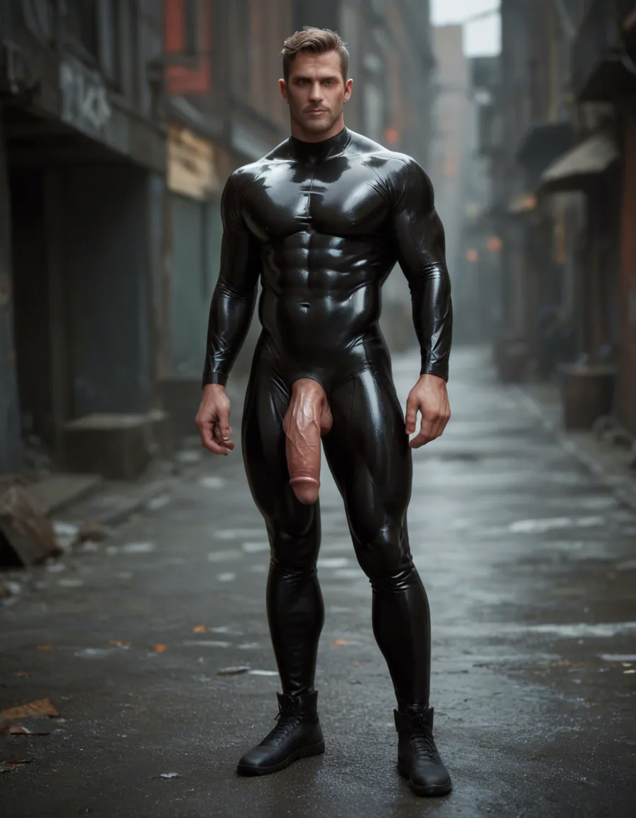 ultra HD, full body muscle man with latex suit and massive penis, score_9, score_8, candid photo, realistic skin texture, visible skin pores, film grain, depth of field