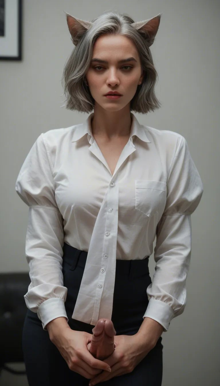 professional photo, high detail, catgirl, grey hair, puffy sleeves, masturbation, film photography