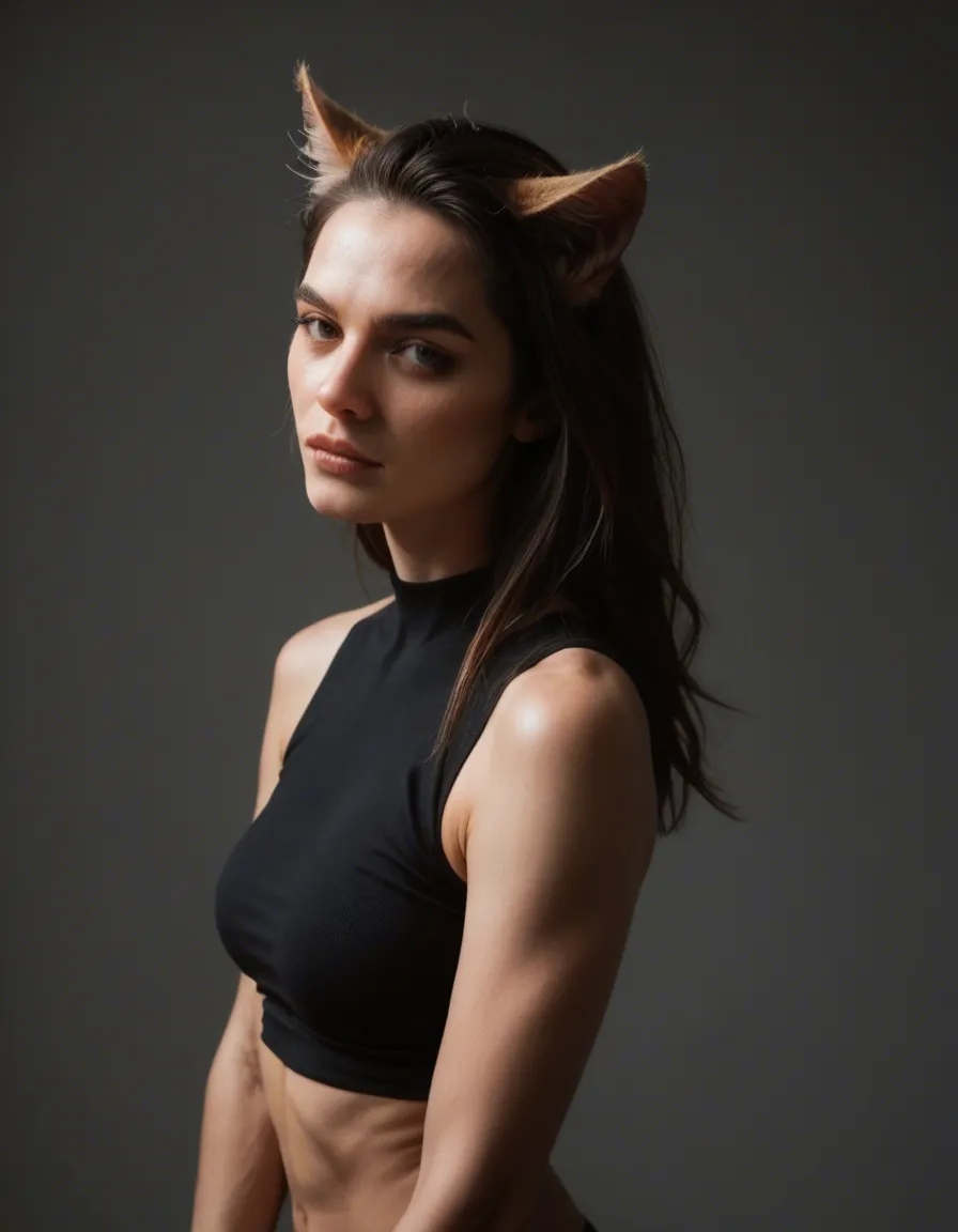RAW photo, ultra realistic, catgirl, sleeveless, futanari, warm tones, photorealistic, score_9, score_8, candid photo, realistic skin texture, visible skin pores, film grain, depth of field, score_9, score_8, candid photo, realistic skin texture, visible skin pores, film grain, depth of field
