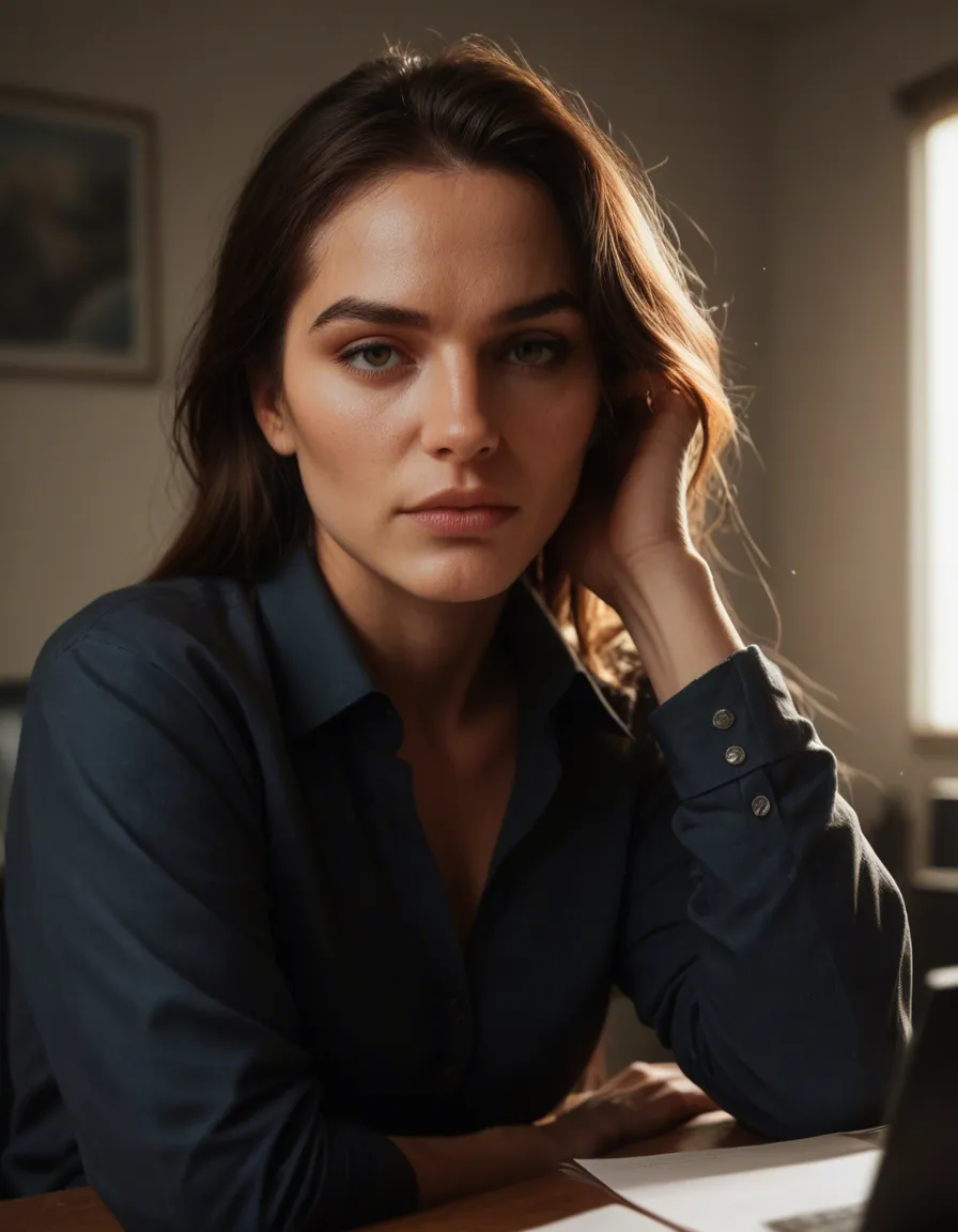 highly detailed, natural lighting, solo focus, office wear, presenting, RAW photo, score_9, score_8, candid photo, realistic skin texture, visible skin pores, film grain, depth of field