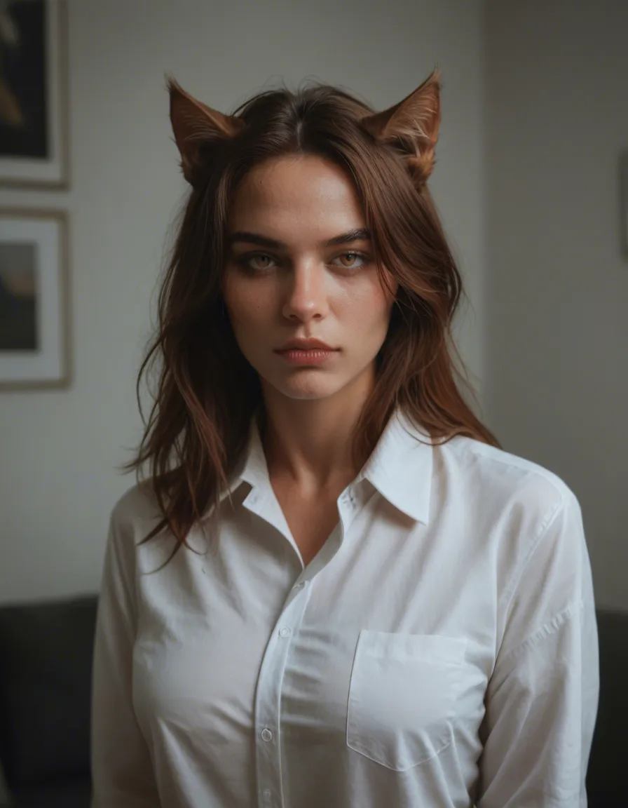 8k, sharp focus, detailed skin, catgirl, standing, collared shirt, presenting, dslr quality, score_9, score_8, candid photo, realistic skin texture, visible skin pores, film grain, depth of field