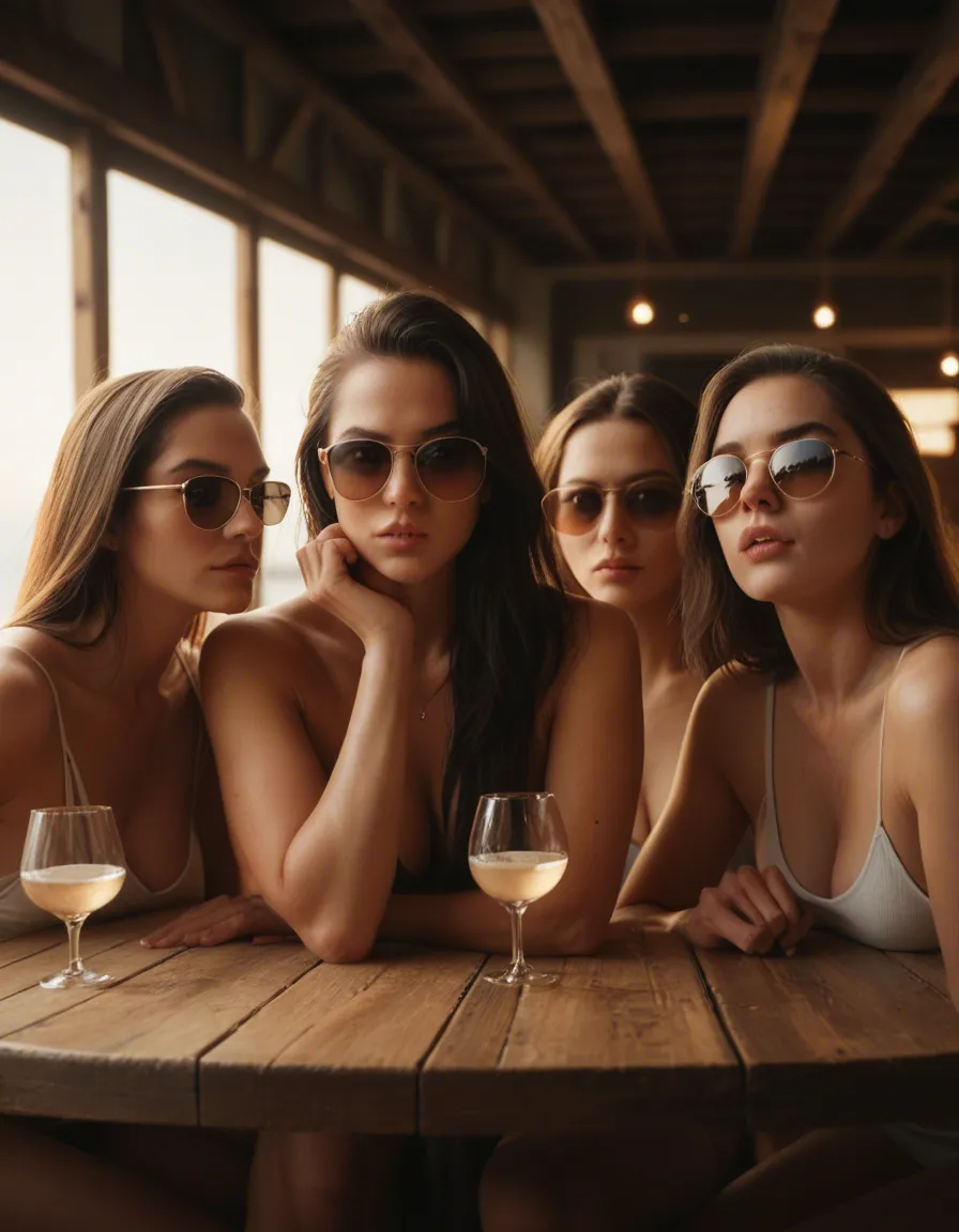 highly detailed, natural lighting, medium shot, 5girls, presenting, sunglasses, table, photorealistic, score_9, score_8, candid photo, realistic skin texture, visible skin pores, film grain, depth of field