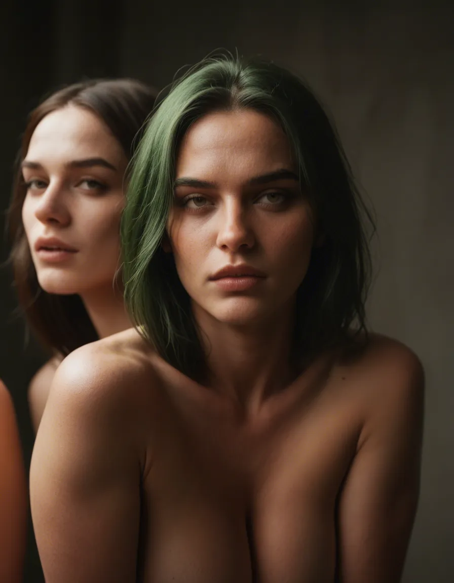8k, sharp focus, detailed skin, 3women, green hair, bow, futanari, spotlight, cinematic realism, score_9, score_8, candid photo, realistic skin texture, visible skin pores, film grain, depth of field
