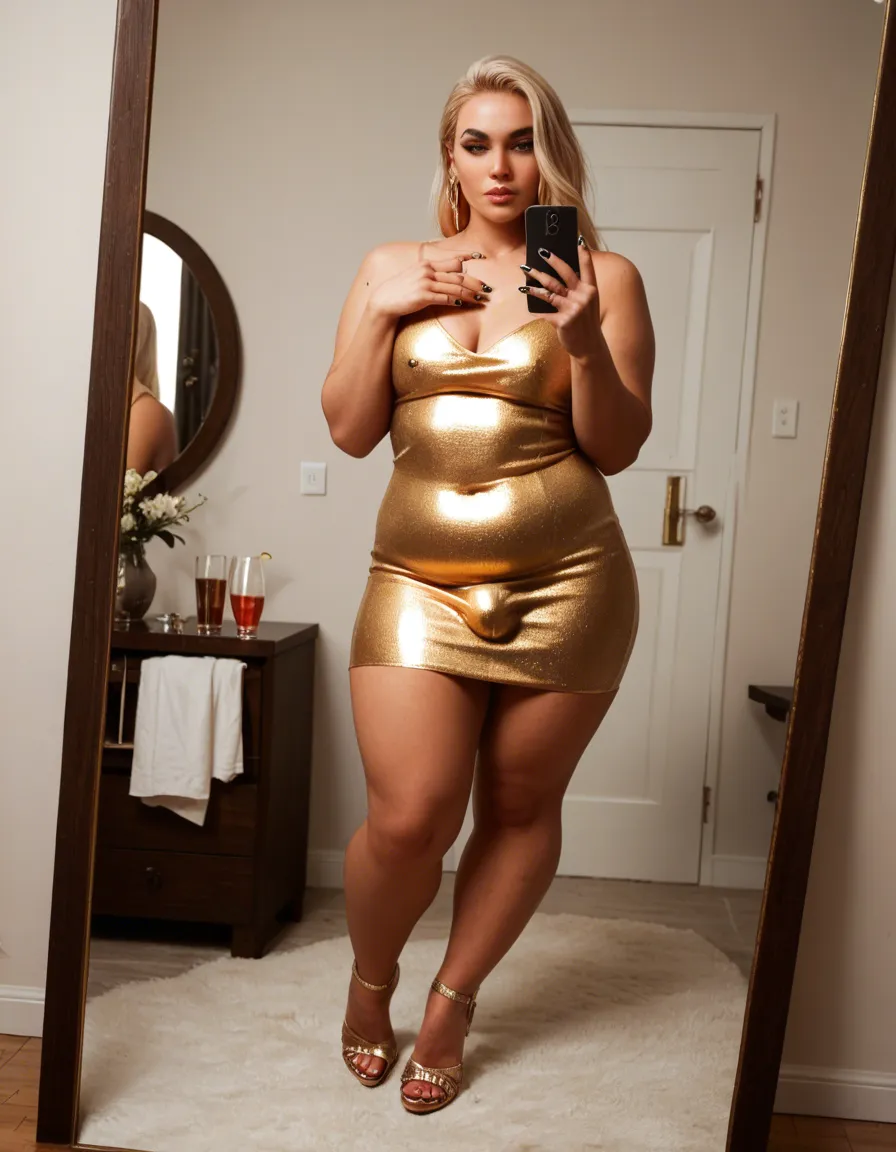 Femboy, plump, chubby, thick, curvy, blonde_hair, painted_nails, piercings, large_bulge, cocktail_dress, high_heels, mirror_selfie, dutch_angle, sent_image, score_9, score_8, candid photo, realistic skin texture, visible skin pores, film grain, depth of field