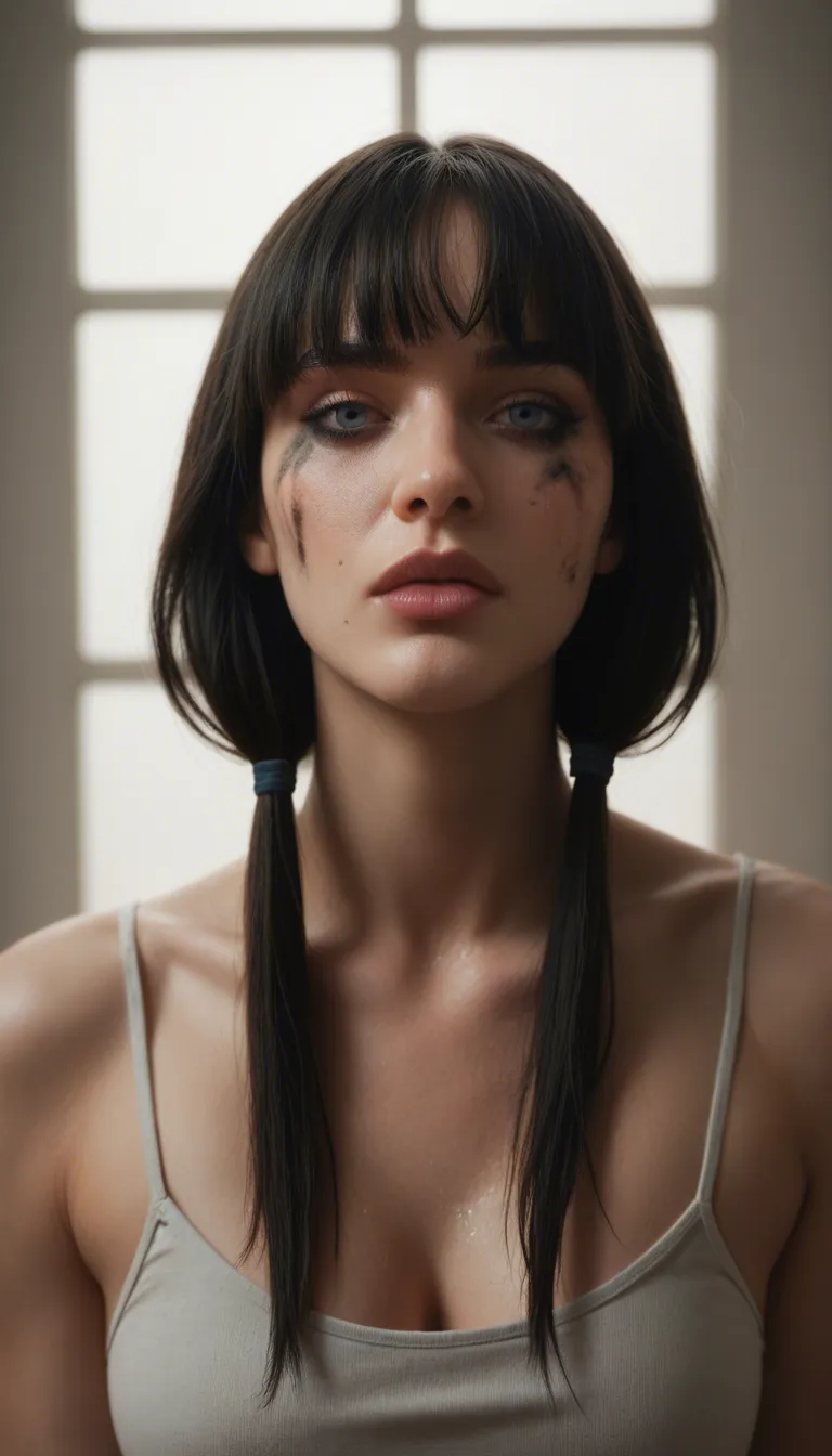 A highly detailed photorealistic erotic image of a young woman with long straight black hair styled in two low pigtails with bangs, pale skin, large expressive blue eyes with heavy makeup, soft pink lips slightly parted in a vulnerable expression. She is looking through a small rectangular window cut in a dirty beige concrete wall, her face framed by the hole. Below, her lower body is forced through a large circular hole in the same wall, presenting her ass and pussy from behind in an explicit doggy-style position. Her round plump ass is fully exposed, pink anus and detailed pink shaved pussy clearly visible, thighs pressed together. She wears only black thigh-high stockings and pink panties pulled down around her thighs. Black choker with a pendant around her neck. Dirty industrial concrete wall with cracks, stains and tape marks around the holes. Soft dramatic lighting, ultra realistic skin texture, detailed genitals, photorealistic, 8k, highly detailed, erotic atmosphere, score_9, score_8, cinematic film still, anamorphic, film grain, dramatic lighting, shallow depth of field