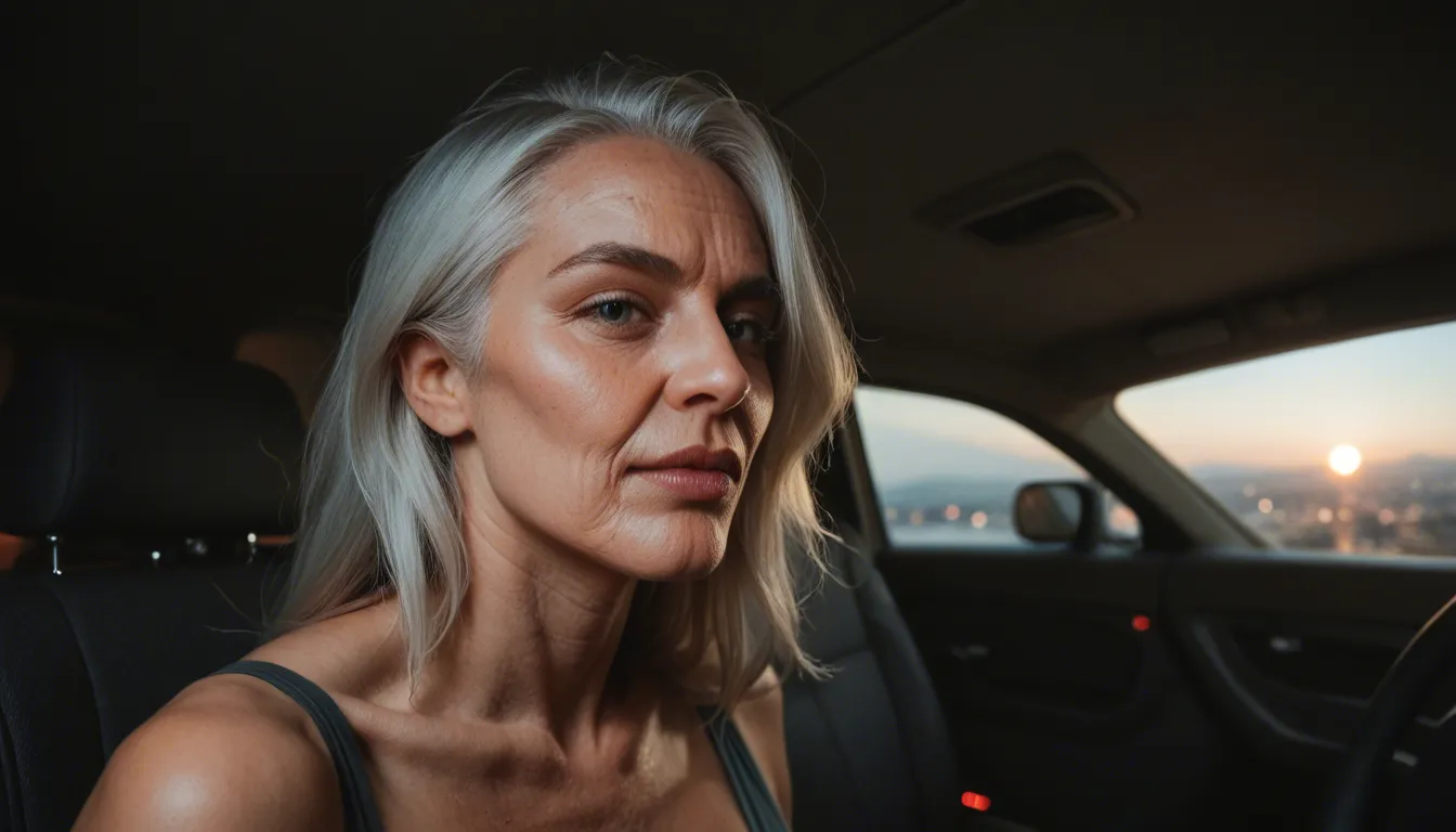 A cinematic, high-contrast interior shot of a moving vehicle at night, captured from a perspective behind the passenger seat. A stunning 42-year-old woman with a lean, athletic build and brown hair secured in a neat ponytail is leaning deep into the driver's space. She is dressed in a simple white ribbed tank top and frayed denim shorts, her firm physique pressed against the center console. The scene captures a moment of intense passion as she performs a deepthroat blowjob on the male driver. The driver is visible only from the shoulders down, wearing a black t-shirt and blue jeans, his hands gripping the steering wheel. Dim cabin lighting and the blurred neon streaks of a city passing by the windows emphasize the realistic, clandestine atmosphere of the journey.
