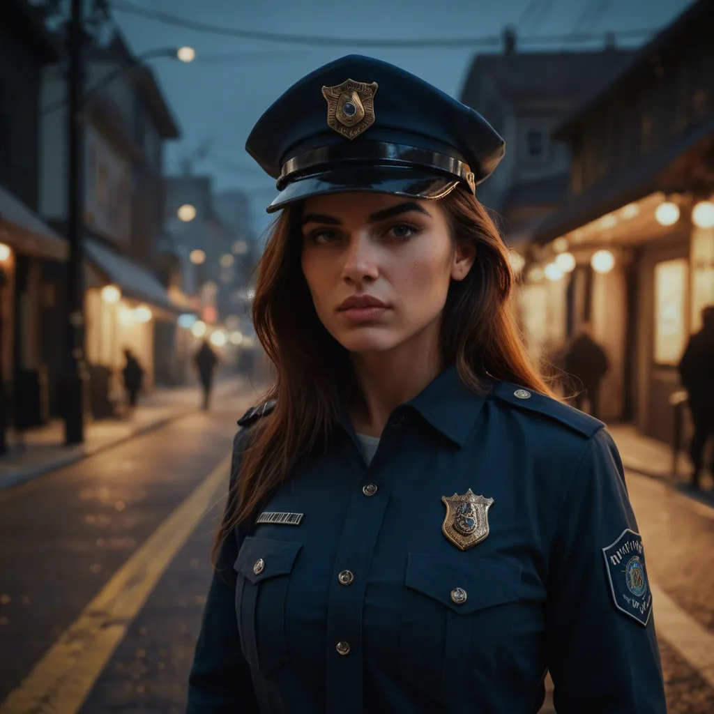 A high-tension, clandestine encounter occurring under the harsh glow of streetlights on a desolate highway at night. A gorgeous, athletic police officer in her early 40s, her brown hair secured in a tight ponytail, is captured in a moment of intense passion; she is squatting, delivering a passionate deepthroat blowjob to a tall, muscular dark-skinned man. The officer is dressed in a meticulously detailed, full police uniform, her trim physique and taut backside accentuated by her posture. The man, whose face remains completely out of frame, is clad in a white tank top and jeans, his wrists bound by steel handcuffs. The sheer force of her passion pins his muscular frame firmly against the side of a parked police cruiser, positioning the act on the far side of the vehicle, shielded from the road's passing traffic.