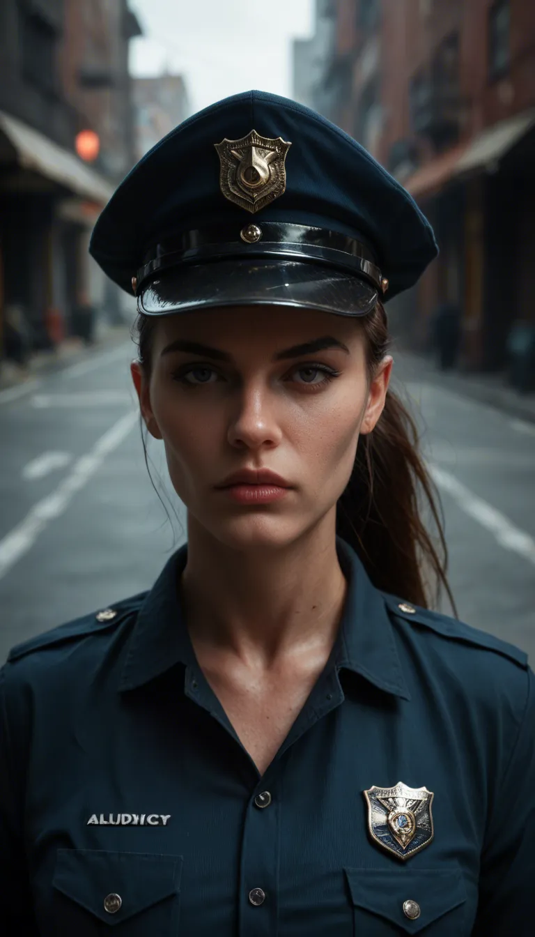 A clandestine, high-tension encounter set against the midnight backdrop of a desolate highway. A stunning, athletic police officer in her early 40s, her brown hair secured in a tight professional ponytail, is captured in a moment of raw passion; she is squatting, delivering a deepthroat blowjob to a towering, muscular dark-skinned man. The officer is clad in a detailed, full police uniform, the fabric stretching across her taut backside as she presses her body forward, pinning the man firmly against the side of her patrol car. The man, whose face remains strictly out of frame, is dressed in a white tank top, rugged jeans, and sneakers, his wrists bound in steel handcuffs. The scene is illuminated by the cool, artificial glow of the police cruiser’s lights, casting long shadows across the asphalt and highlighting the illicit nature of the encounter away from the flow of traffic.