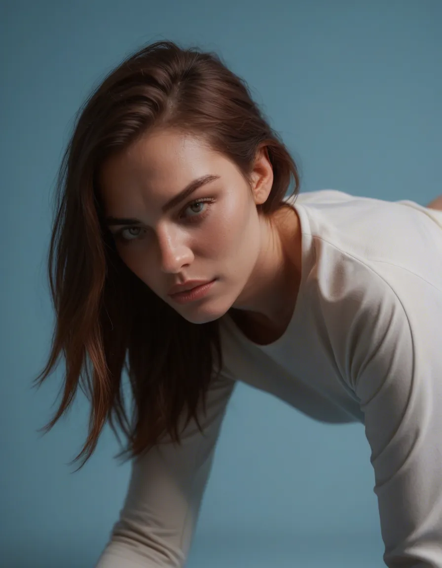 best quality, hyperrealistic, solo female, lips, long sleeves, bent over, blue background, lifelike render, score_9, score_8, candid photo, realistic skin texture, visible skin pores, film grain, depth of field