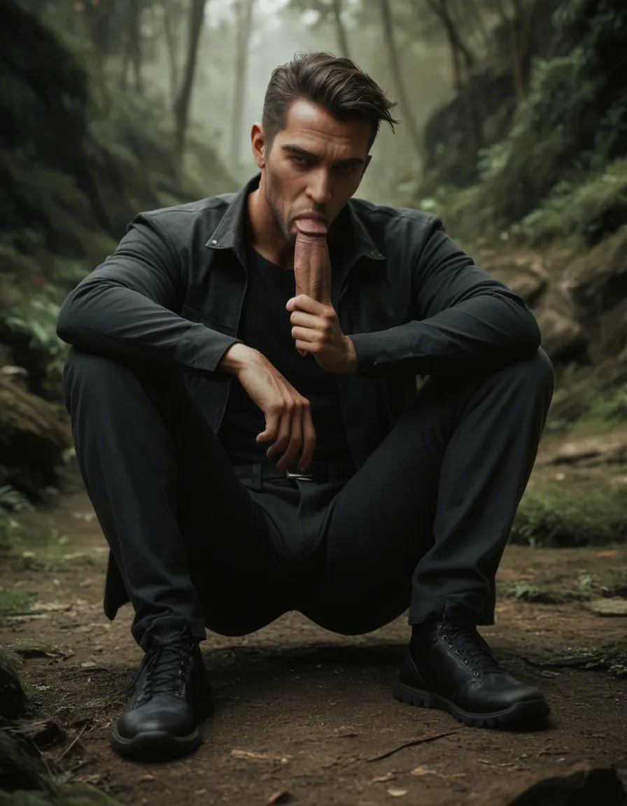 ultra HD, lifelike, 1boy, black footwear, pants, blowjob, outdoors, portrait, natural skin texture, score_9, score_8, candid photo, realistic skin texture, visible skin pores, film grain, depth of field