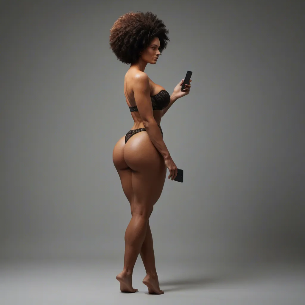 Woman, Igbo, Ebony, High-Contrast Hourglass, Copper Afro, Dark Brown Eyes, 1.7m Height, 38G Breast Size, Bubble Butt.
Full-body Side Profile, wearing a strapless bra., score_9, score_8, amateur photo, phone snapshot, realistic skin texture, skin blemishes, soft indoor lighting
