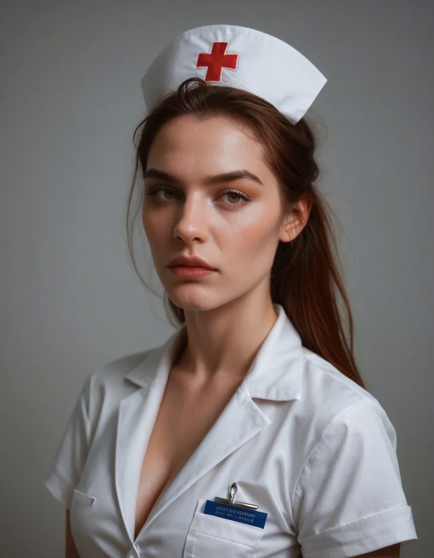 best quality, hyperrealistic, nurse, heart, bondage, photorealistic, score_9, score_8, candid photo, realistic skin texture, visible skin pores, film grain, depth of field