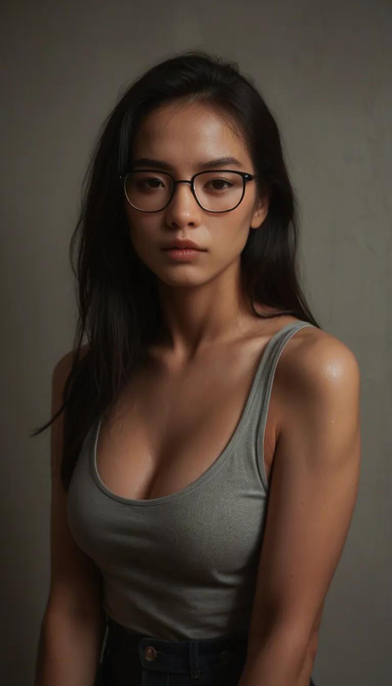 highly detailed, natural lighting, three-quarter view, black hair, glasses, german asian, filipina, big boobs, 1.50 heigth