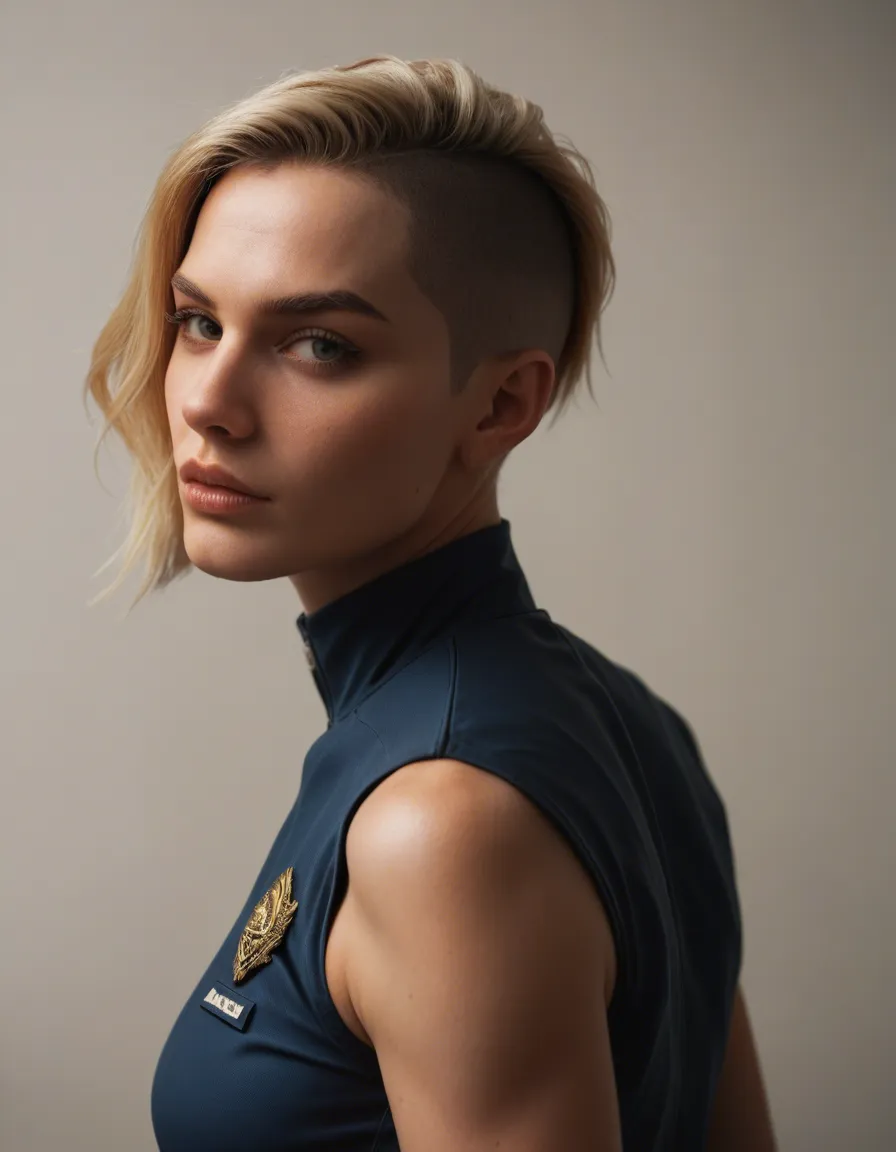 8k, sharp focus, detailed skin, portrait,  photorealistic

A photo of a blonde woman with short hair undercut in a starfleet uniform, she is bending over with her hands pressed agains the wall and looking back at the camera in soft looking_at_viewer, score_9, score_8, candid photo, realistic skin texture, visible skin pores, film grain, depth of field