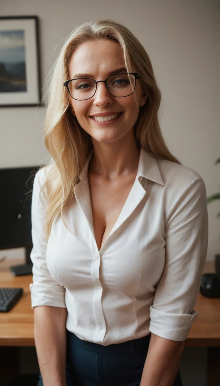 pov of a a smiling blonde_hair milf with glasses and average body and tight business casual is standing in a sunny office, she is pushed to her knees and begins to suck my penis
