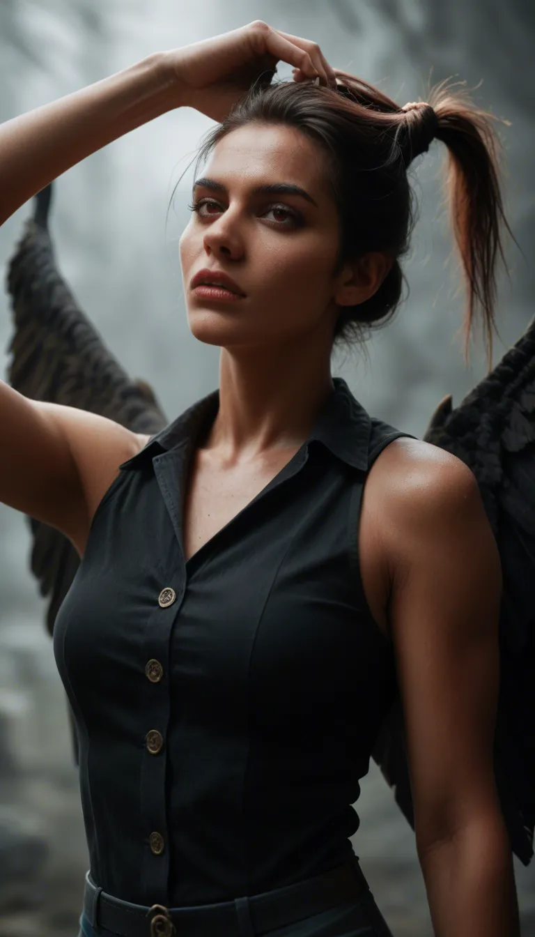 sharp focus, 8k uhd, demon woman, buttons, wings, hair pull, medium shot, studio photo
