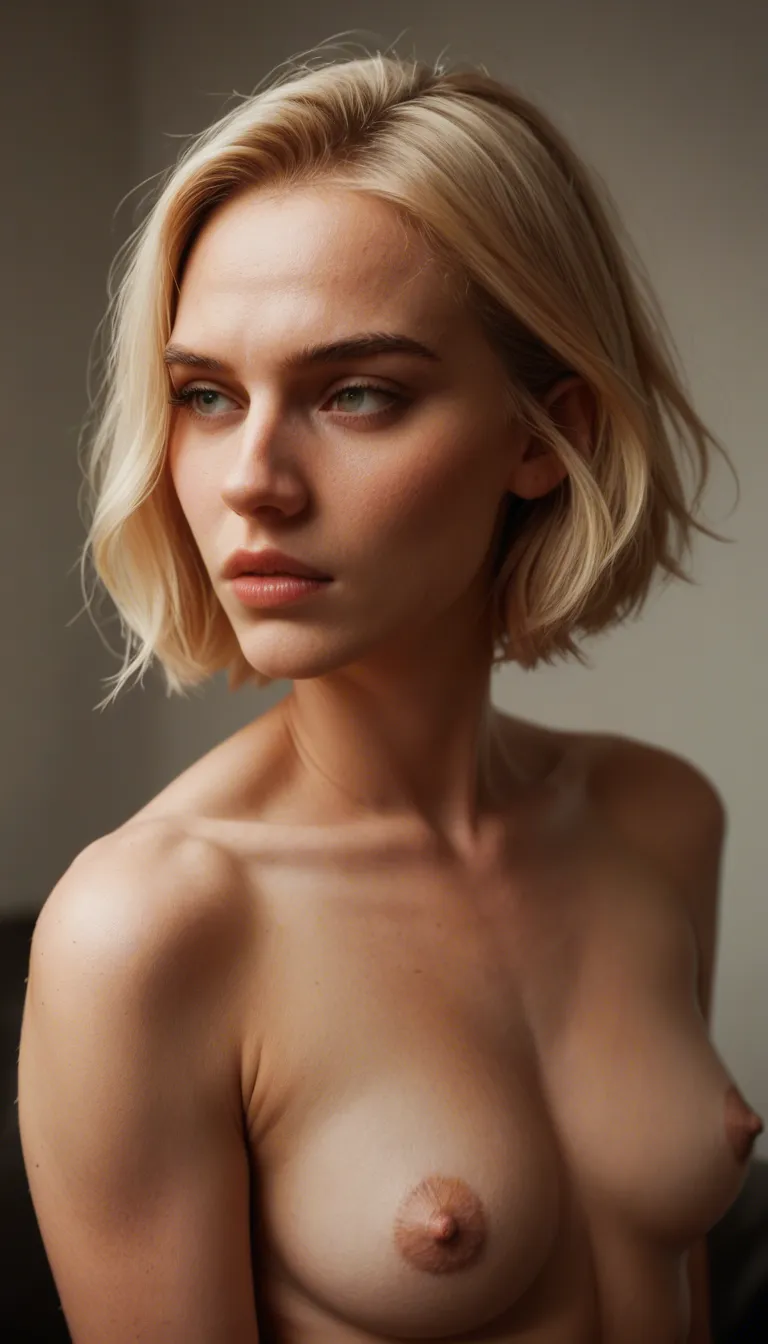 Blonde, short hair, nude, crawling away from camera, small breasts, score_9, score_8, candid photo, realistic skin texture, visible skin pores, film grain, depth of field