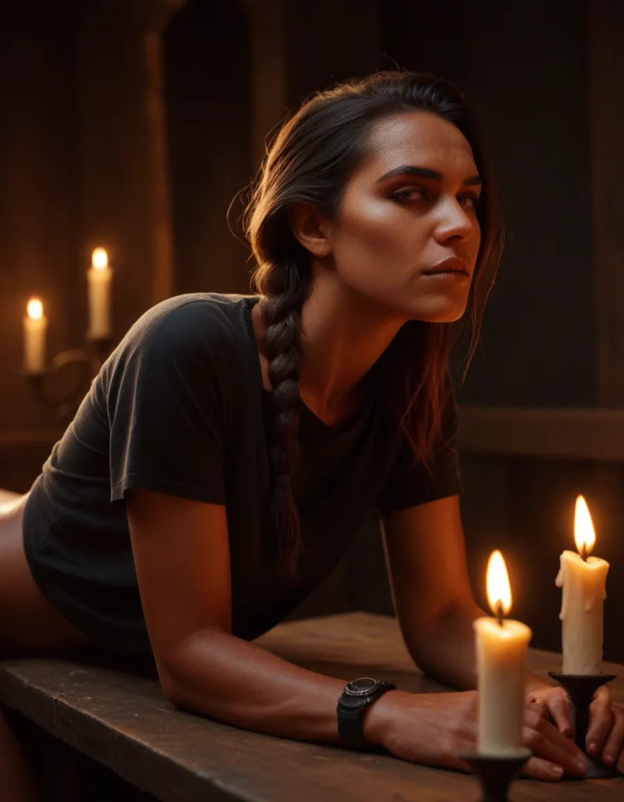 sharp focus, 8k uhd, demon woman, single braid, short sleeves, bent over, candlelight, studio photo, score_9, score_8, candid photo, realistic skin texture, visible skin pores, film grain, depth of field