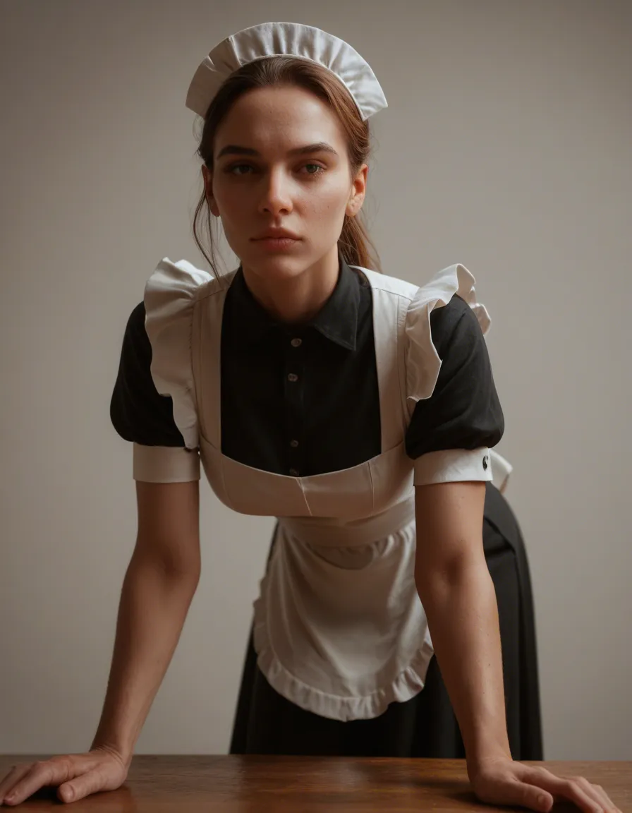 sharp focus, 8k uhd, maid, bent over, standing, lifelike render, score_9, score_8, candid photo, realistic skin texture, visible skin pores, film grain, depth of field