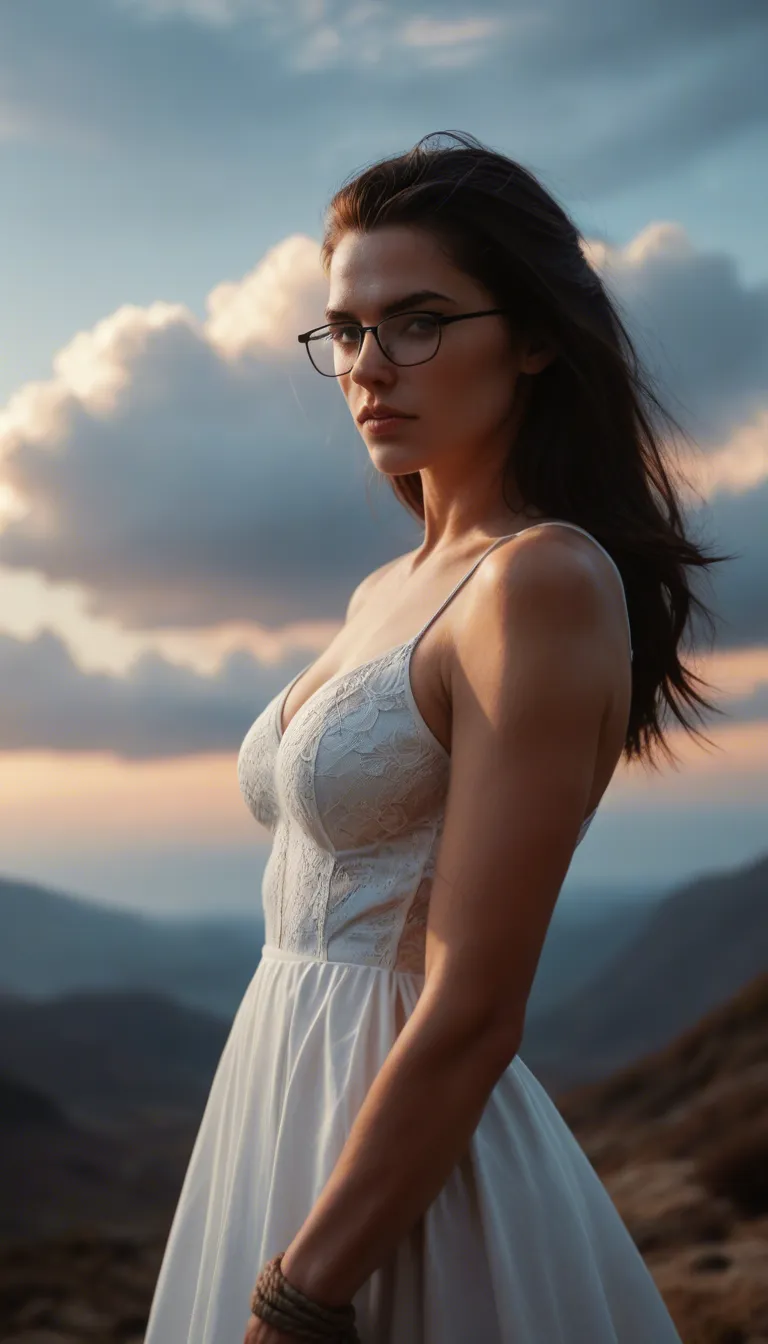 best quality, hyperrealistic, 1other, glasses, dress, bondage, cloud, portrait, photorealistic