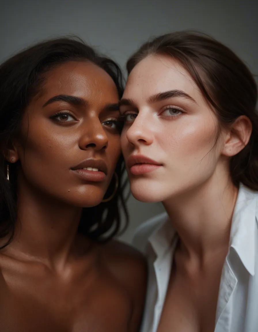 ultra HD, lifelike,two female, mouth sex, dark-skinned female, depth of field, 8k uhd photo, score_9, score_8, candid photo, realistic skin texture, visible skin pores, film grain, depth of field