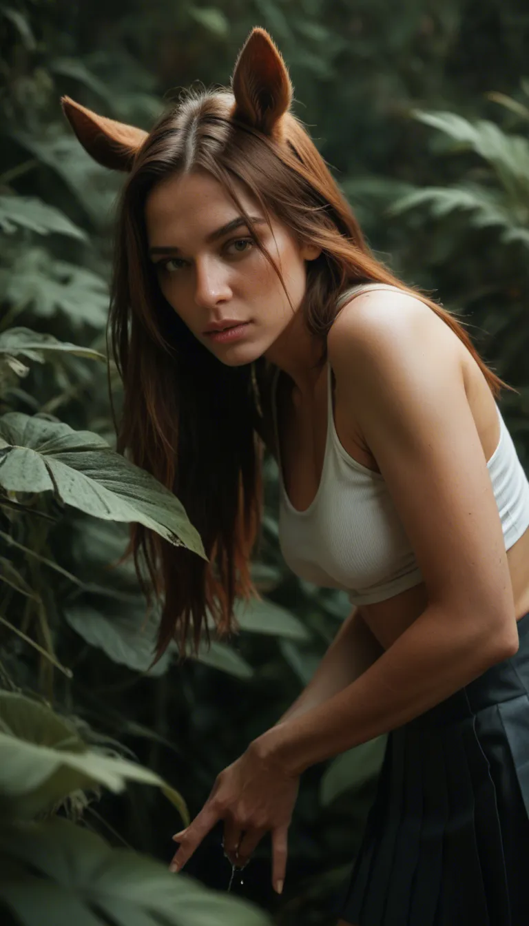 studio quality, sharp focus, solo focus, horse ears, pleated skirt, fingering, plant, RAW photo