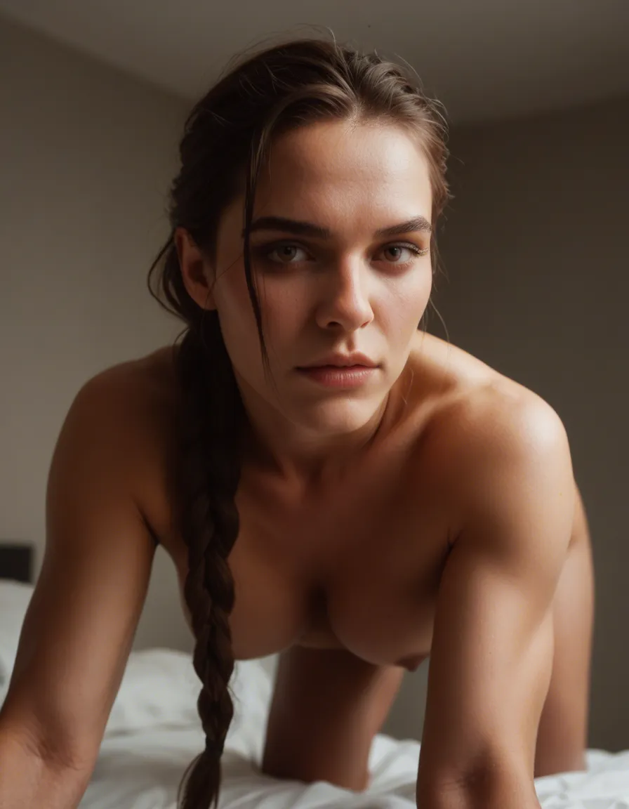RAW photo, ultra realistic, fitness model, braid, bow, doggy style, photorealistic, score_9, score_8, candid photo, realistic skin texture, visible skin pores, film grain, depth of field