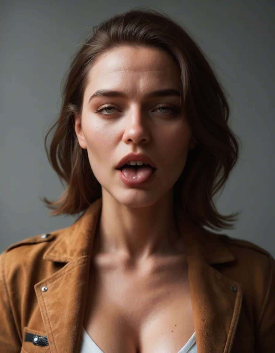 best quality, hyperrealistic, mature female, breasts, jacket, ahegao, portrait, ambient glow, cinematic realism, score_9, score_8, candid photo, realistic skin texture, visible skin pores, film grain, depth of field