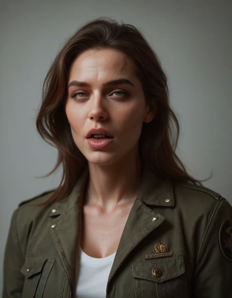 best quality, hyperrealistic, mature female, breasts, jacket, ahegao, portrait, ambient glow, cinematic realism, score_9, score_8, candid photo, realistic skin texture, visible skin pores, film grain, depth of field, score_9, score_8, candid photo, realistic skin texture, visible skin pores, film grain, depth of field