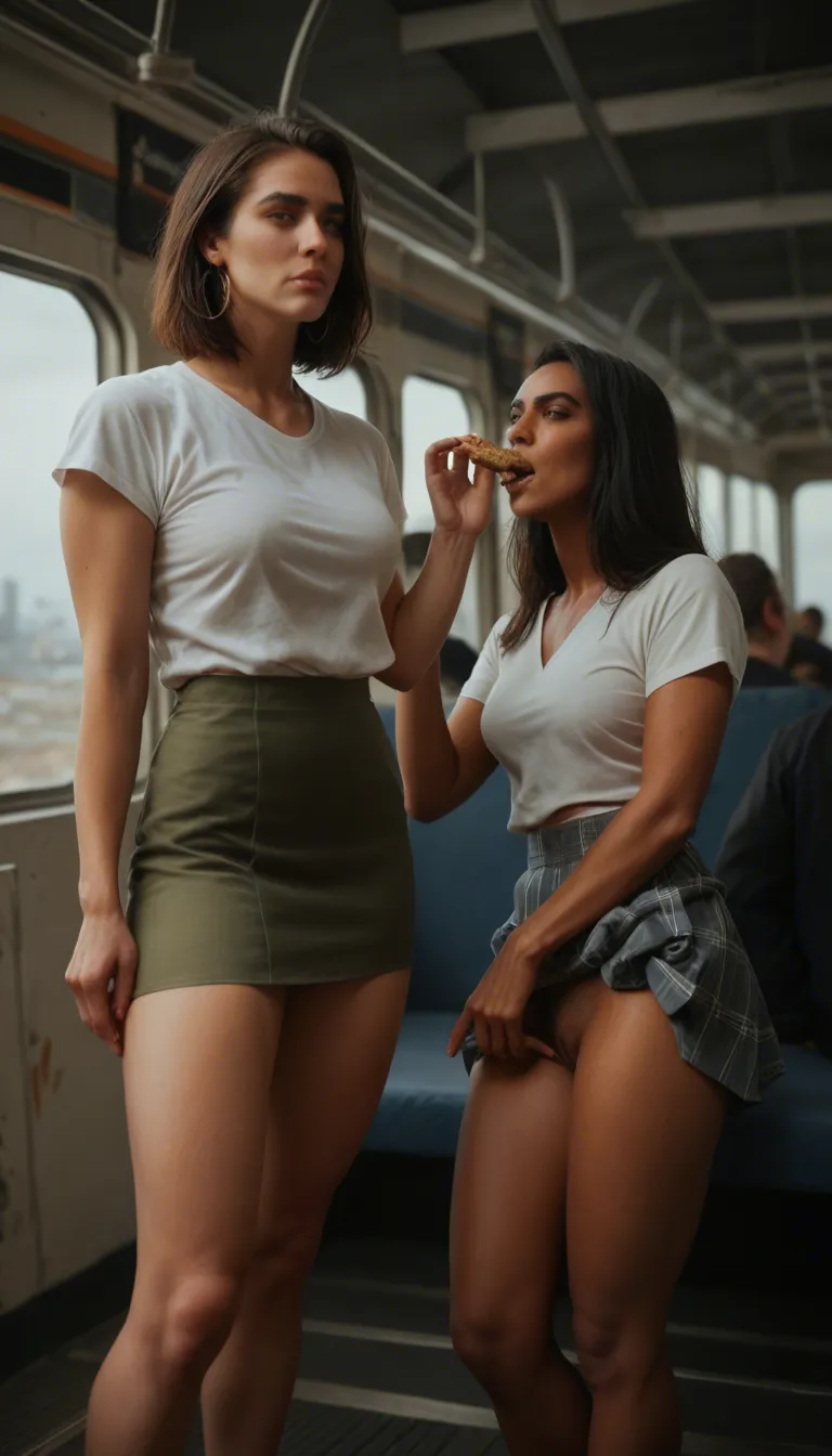 Two indian girls, wearing skirts, on a crowded indian train, eating pussy