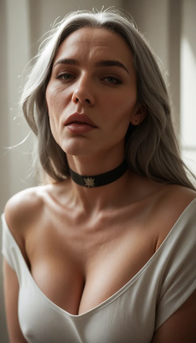 highly detailed, natural lighting, milf, grey hair, choker, blowjob, studio photo